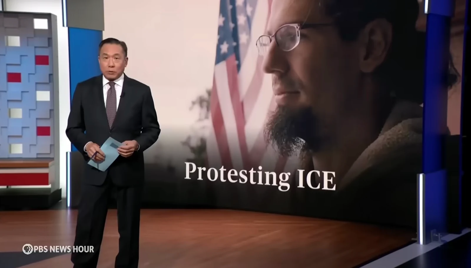 PBS NewsHour studio introduction to the Spokane report with a Protesting ICE graphic