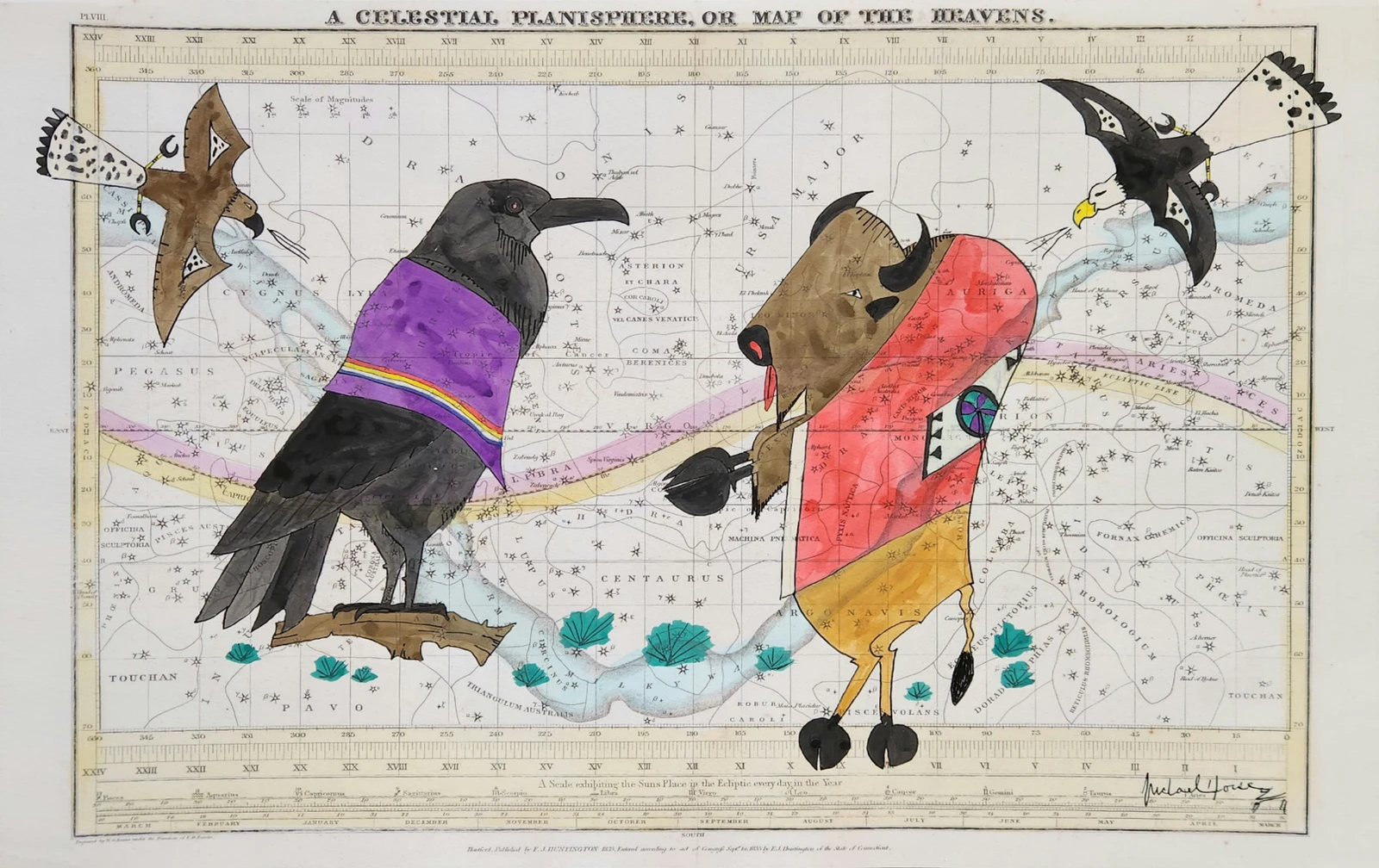 Artwork for The Raven and the Bull, showing a raven and a bison against a celestial map